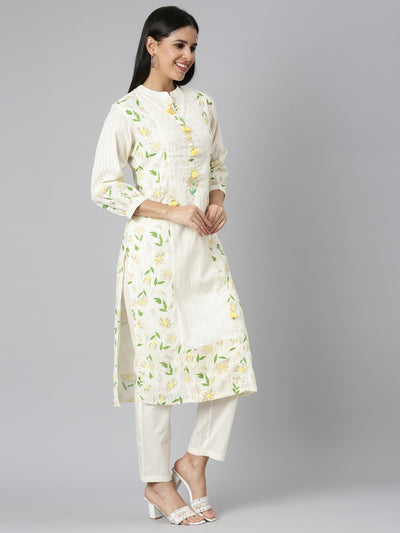 Neerus Cream Regular Straight Printed Kurta and Trousers With Dupatta