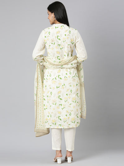 Neerus Cream Regular Straight Printed Kurta and Trousers With Dupatta