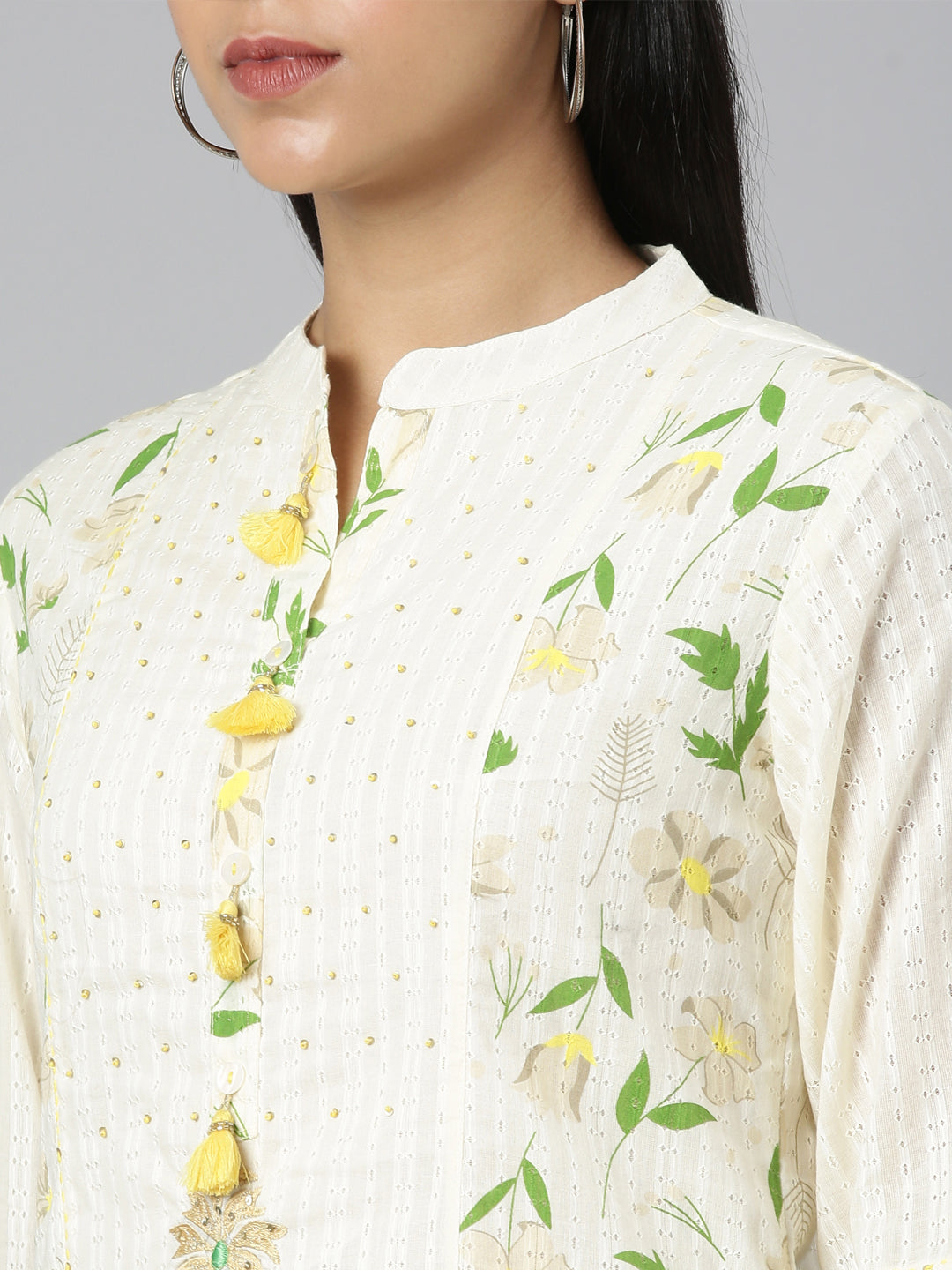 Neerus Cream Regular Straight Printed Kurta and Trousers With Dupatta