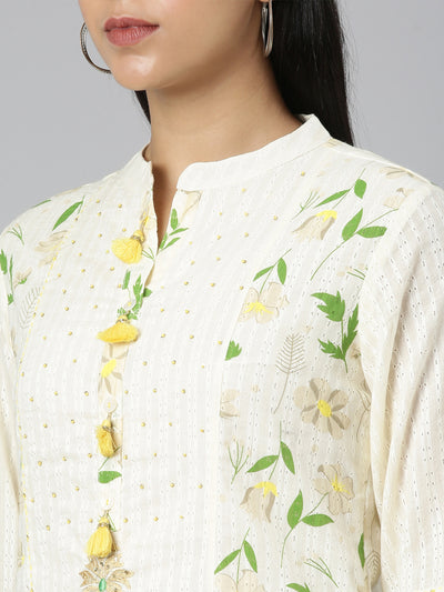 Neerus Cream Regular Straight Printed Kurta and Trousers With Dupatta