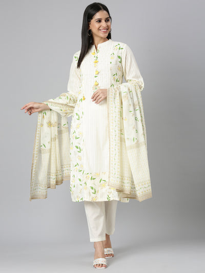 Neerus Cream Regular Straight Printed Kurta and Trousers With Dupatta