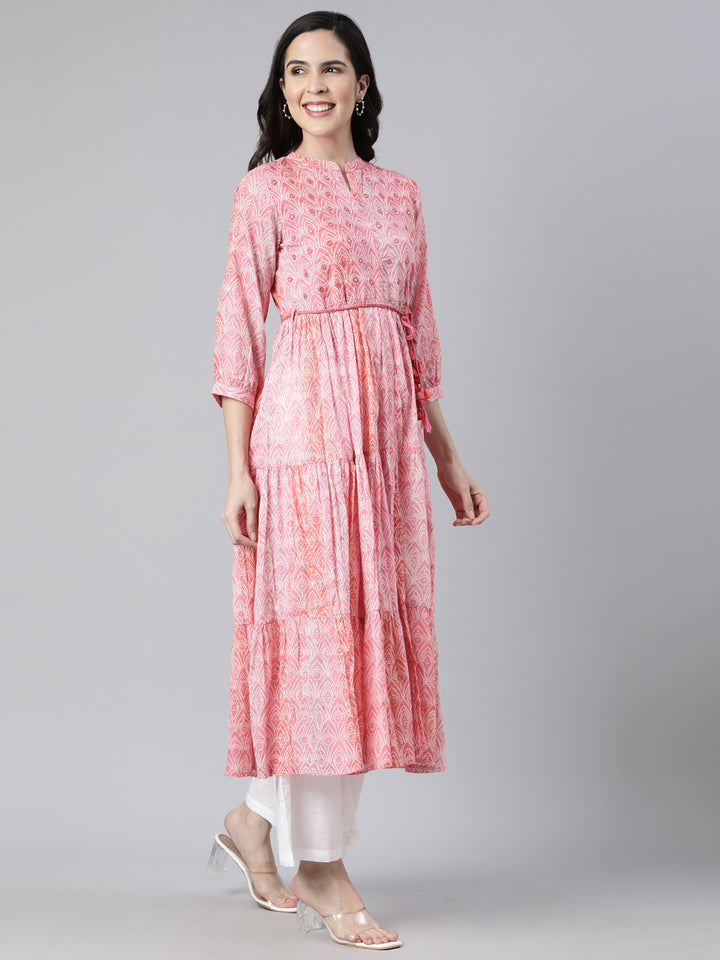 Neerus Pink Straight Casual Floral Maxi Dresses