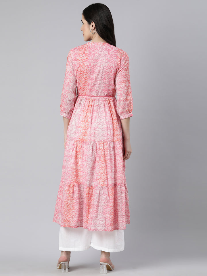 Neerus Pink Straight Casual Floral Maxi Dresses