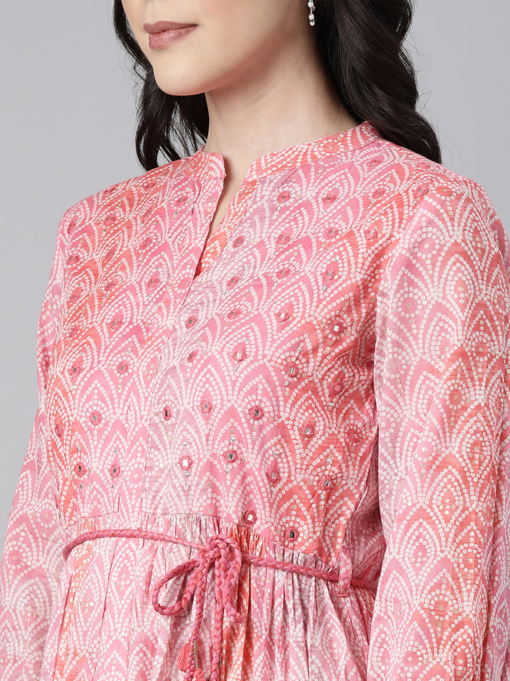 Neerus Pink Straight Casual Floral Maxi Dresses