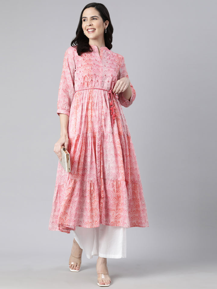 Neerus Pink Straight Casual Floral Maxi Dresses