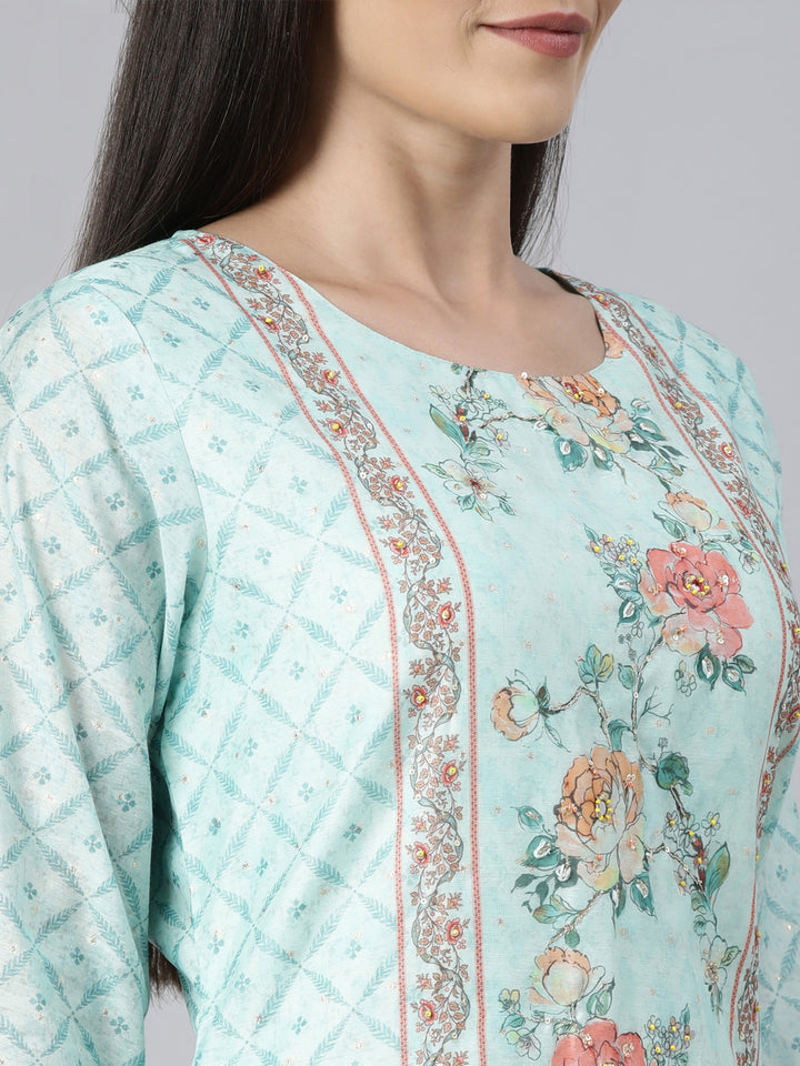 Neerus Green printed floral suit set straight kurta with trouser and dupatta - detail view 4