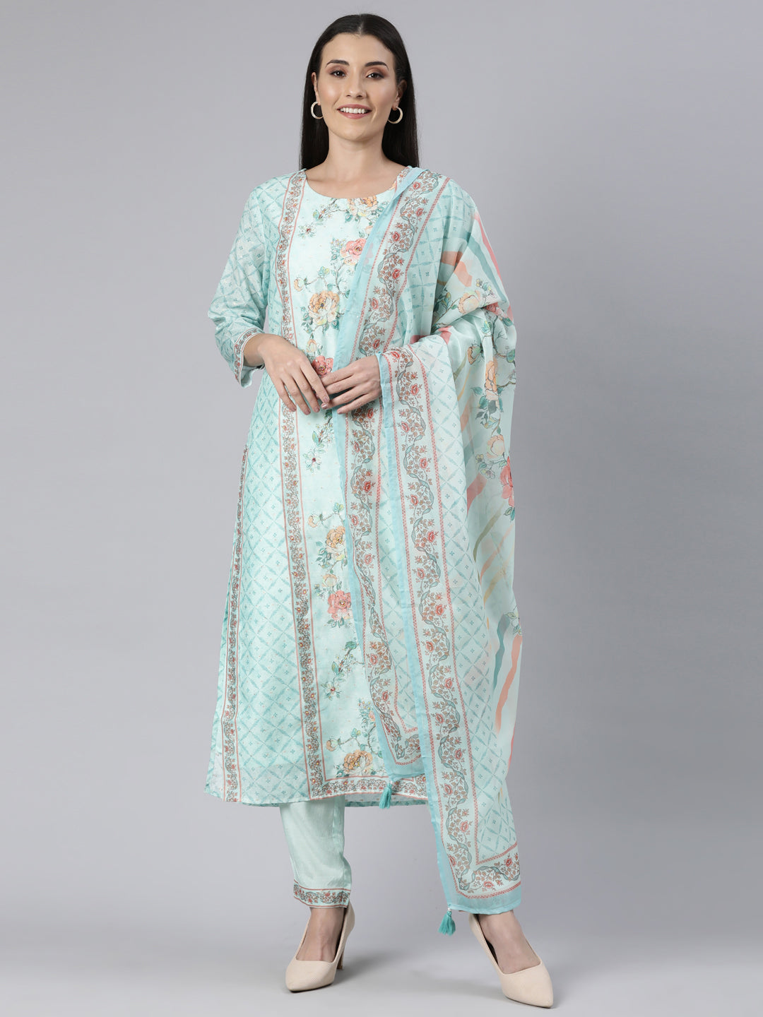 Neerus Green printed floral suit set straight kurta with trouser and dupatta - front view