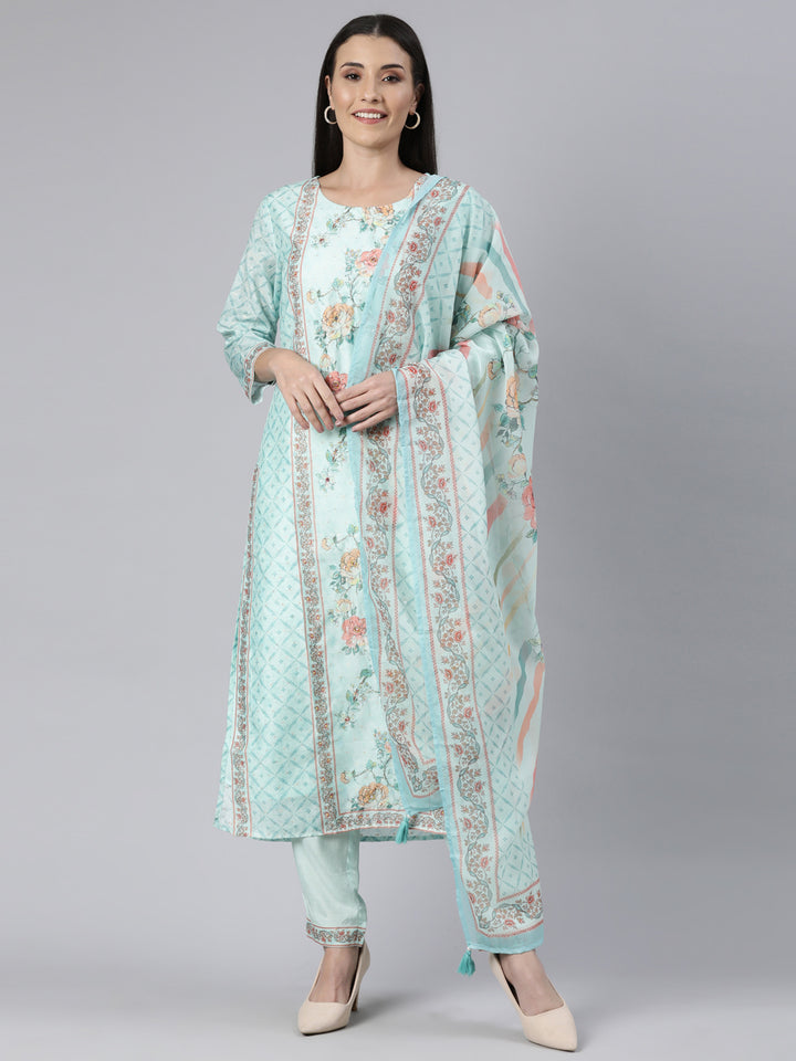 Neerus Green printed floral suit set straight kurta with trouser and dupatta - front view