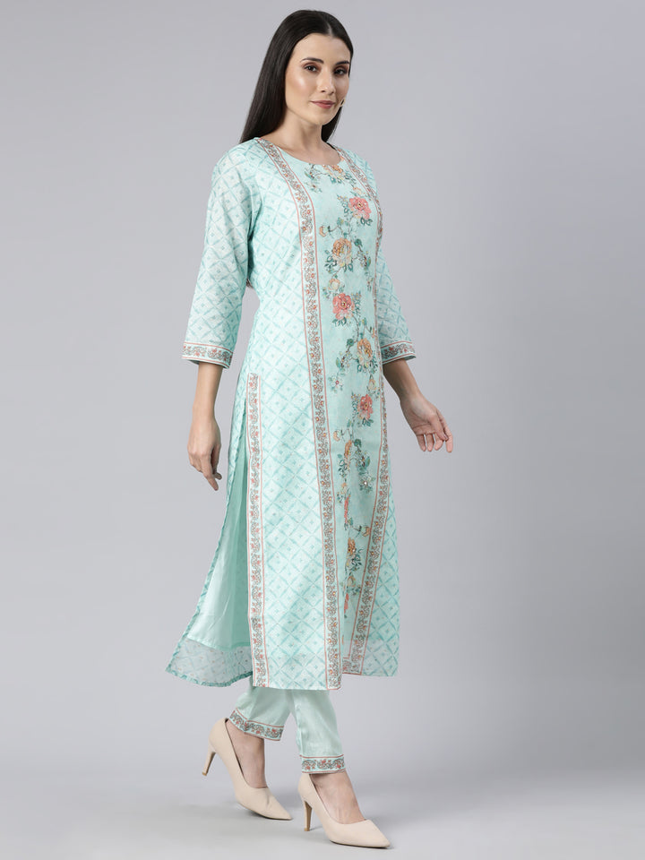 Neerus Green printed floral suit set straight kurta with trouser and dupatta - back view