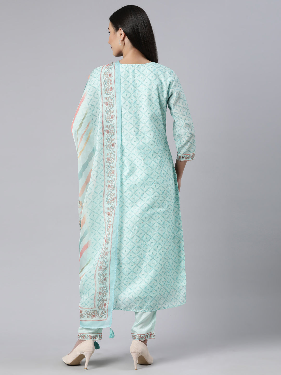 Neerus Sea Green Regular Straight Floral Kurta And  Trousers With Dupatta