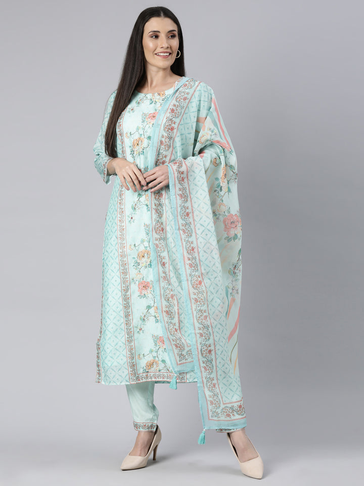 Neerus Green printed floral suit set straight kurta with trouser and dupatta - detail view 1