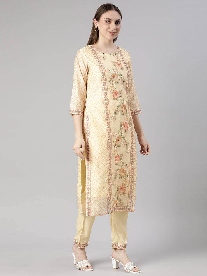 Neerus Yellow Regular Straight Floral Readymade suits