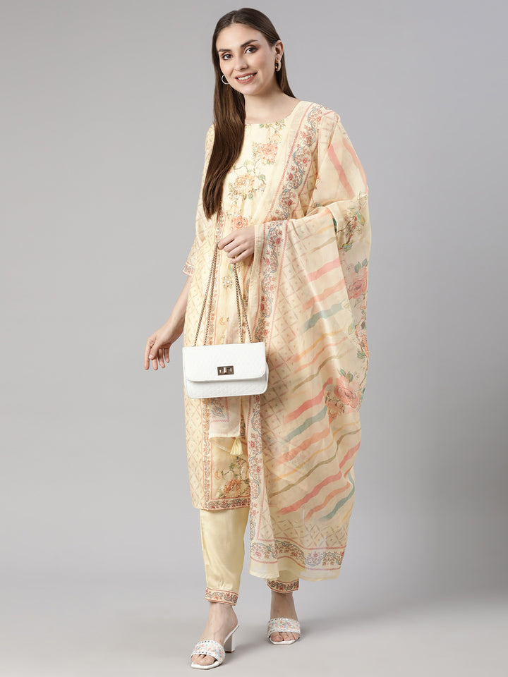 Neerus Yellow Regular Straight Floral Readymade suits