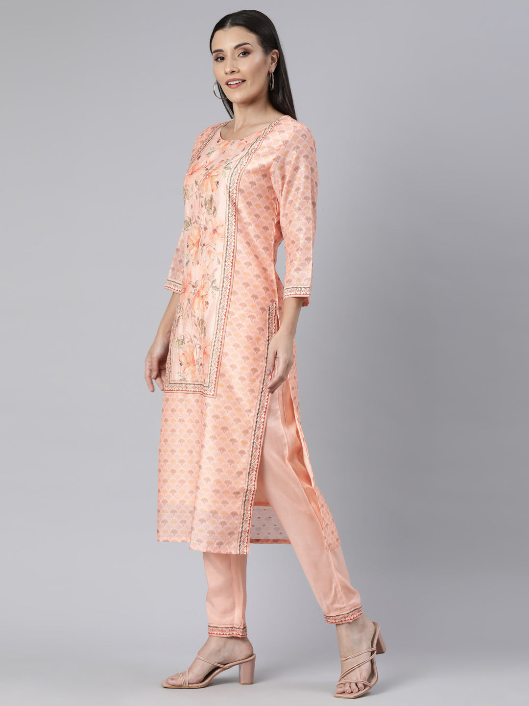 Neerus Orange printed floral suit set - back view