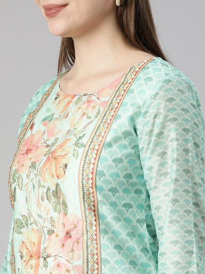 Neerus Sea Green Regular Straight Floral Kurta And  Trousers With Dupatta