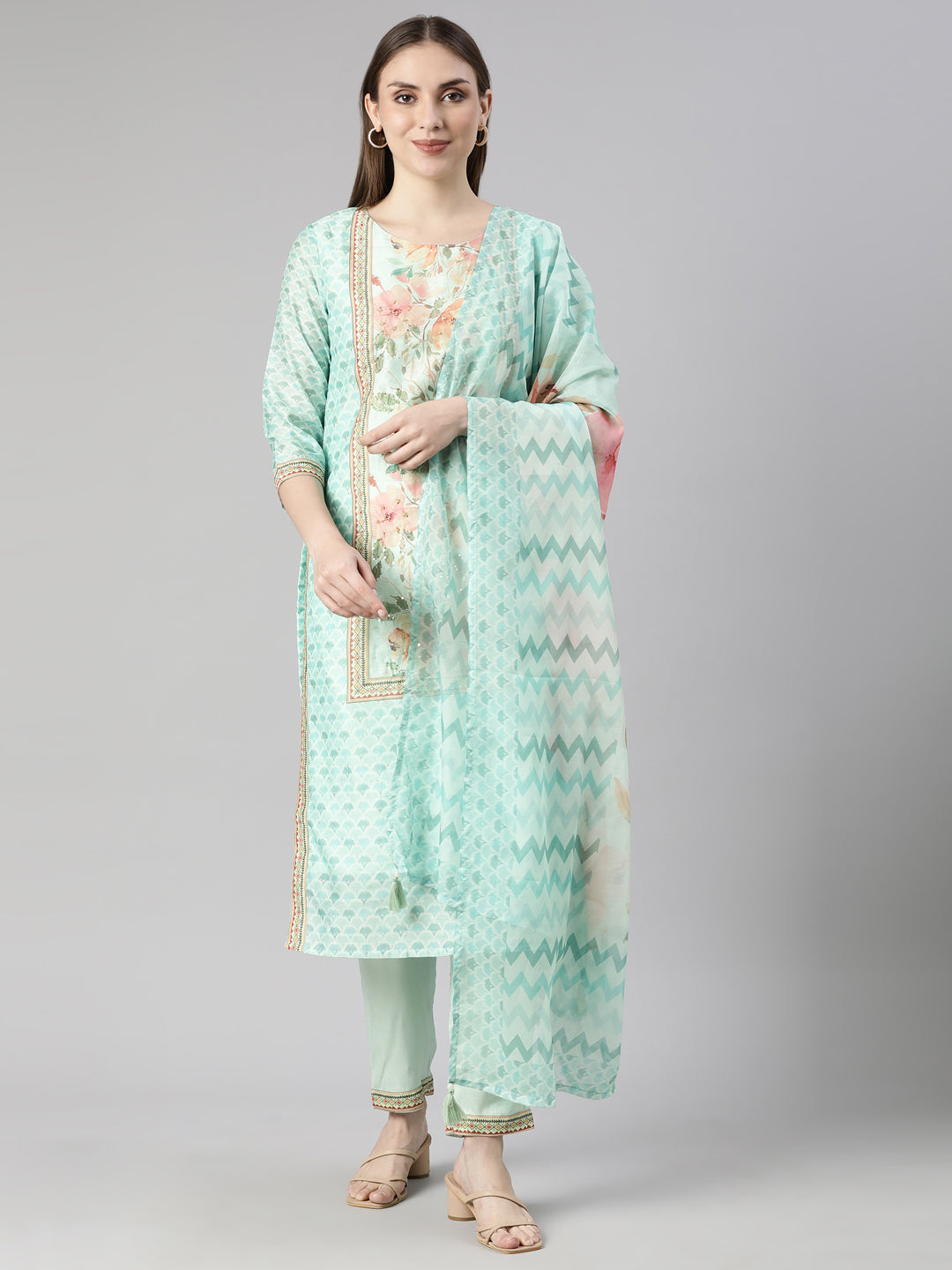 Neerus Sea Green Regular Straight Floral Kurta And  Trousers With Dupatta