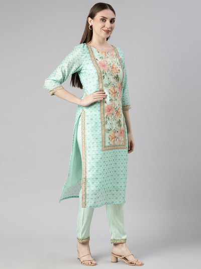 Neerus Sea Green Regular Straight Floral Kurta And  Trousers With Dupatta