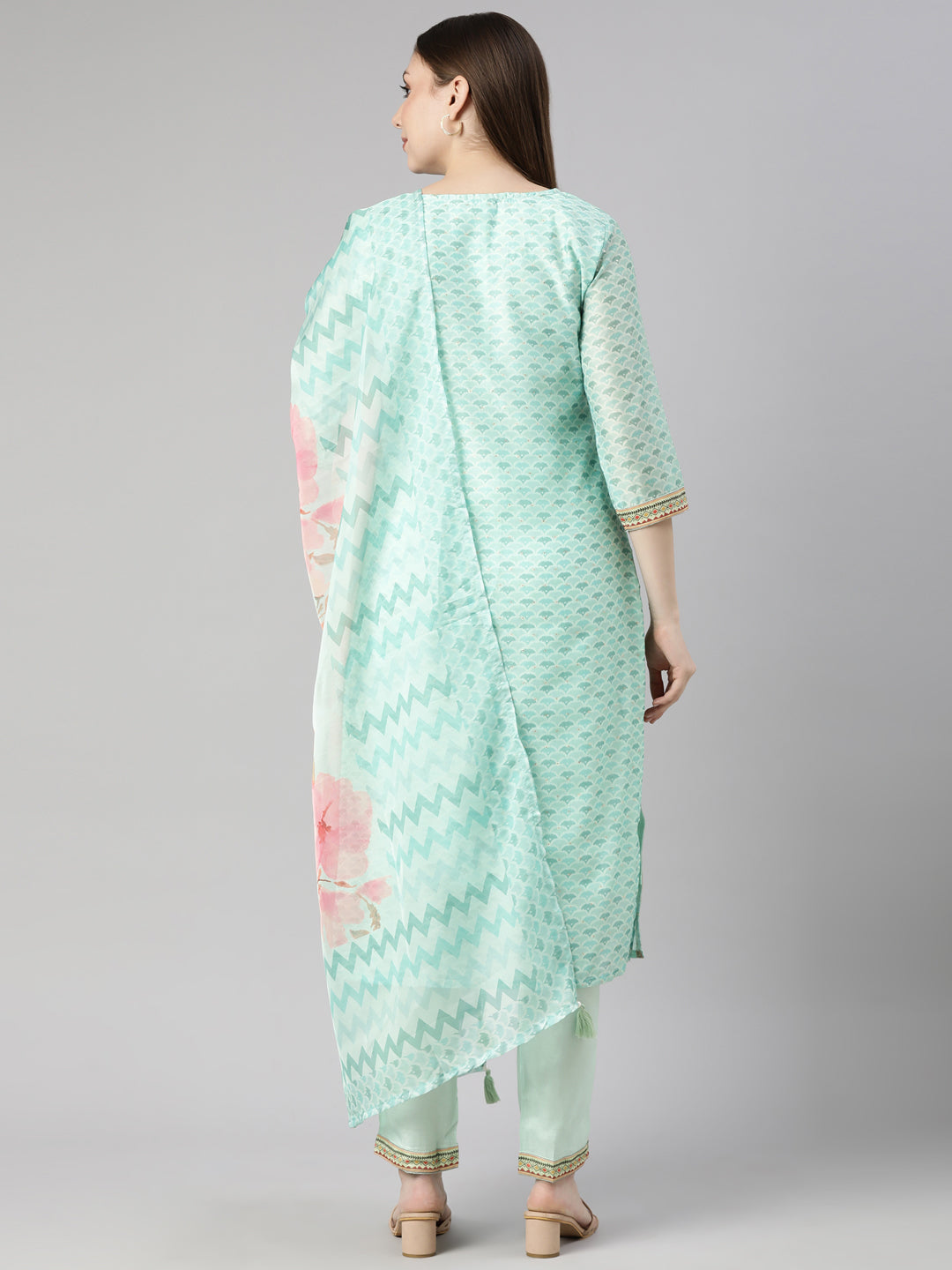 Neerus Sea Green Regular Straight Floral Kurta And  Trousers With Dupatta