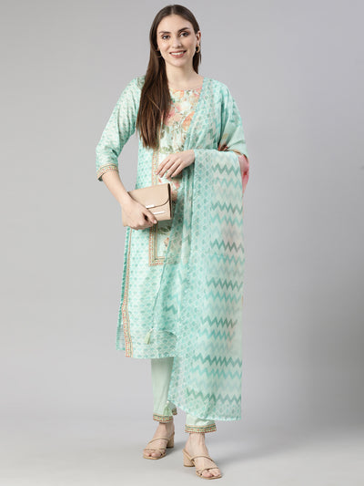 Neerus Sea Green Regular Straight Floral Kurta And  Trousers With Dupatta