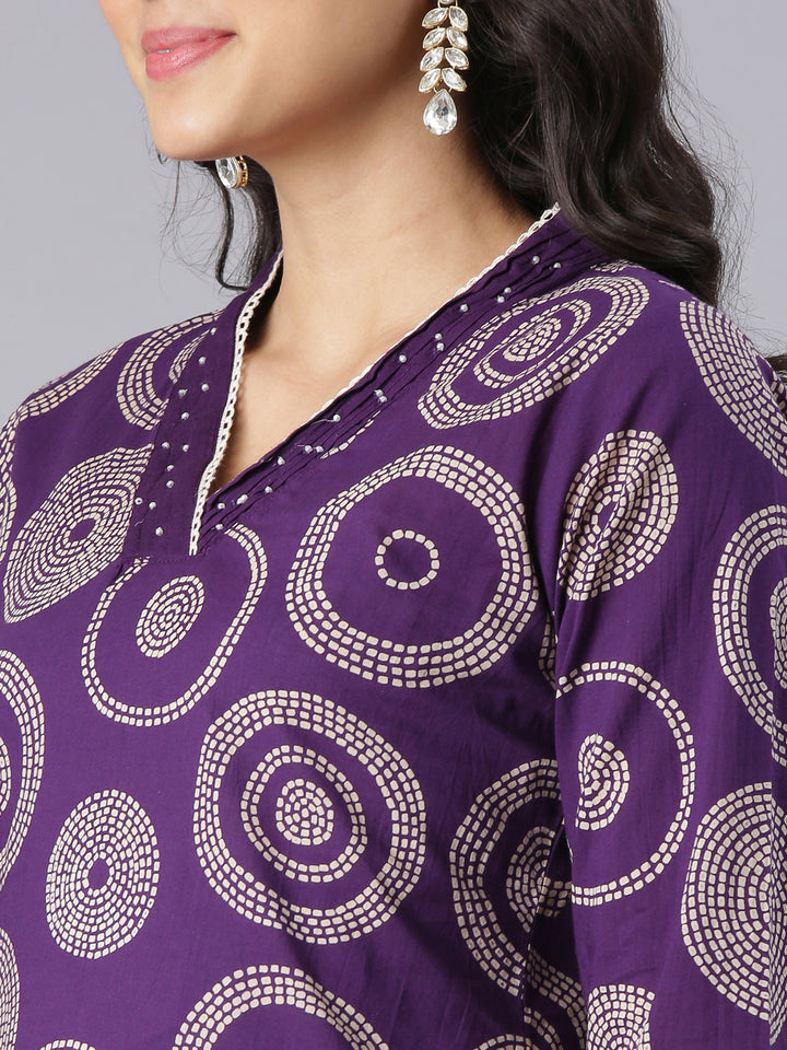 Neerus Purple Printed Straight Kurta And Trousers With Dupatta