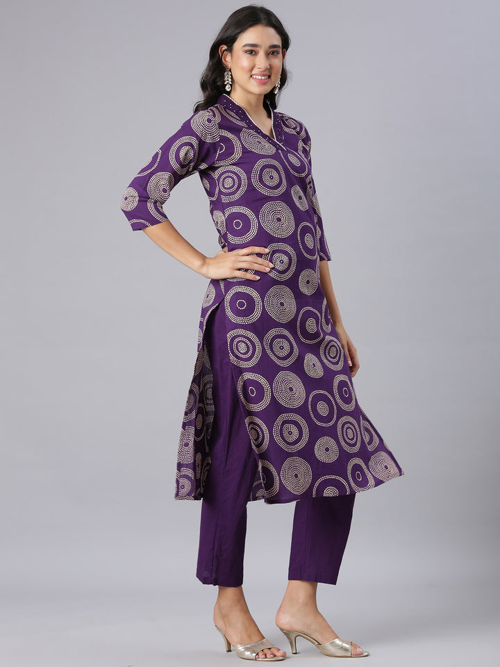 Neerus Purple Printed Straight Kurta And Trousers With Dupatta