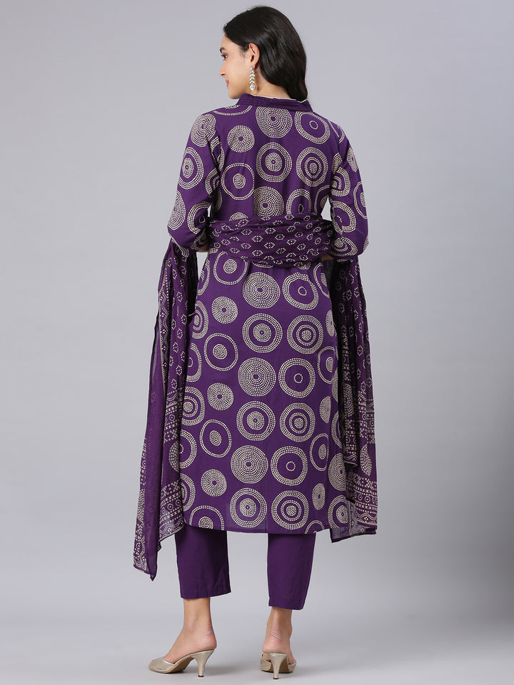 Neerus Purple Printed Straight Kurta And Trousers With Dupatta