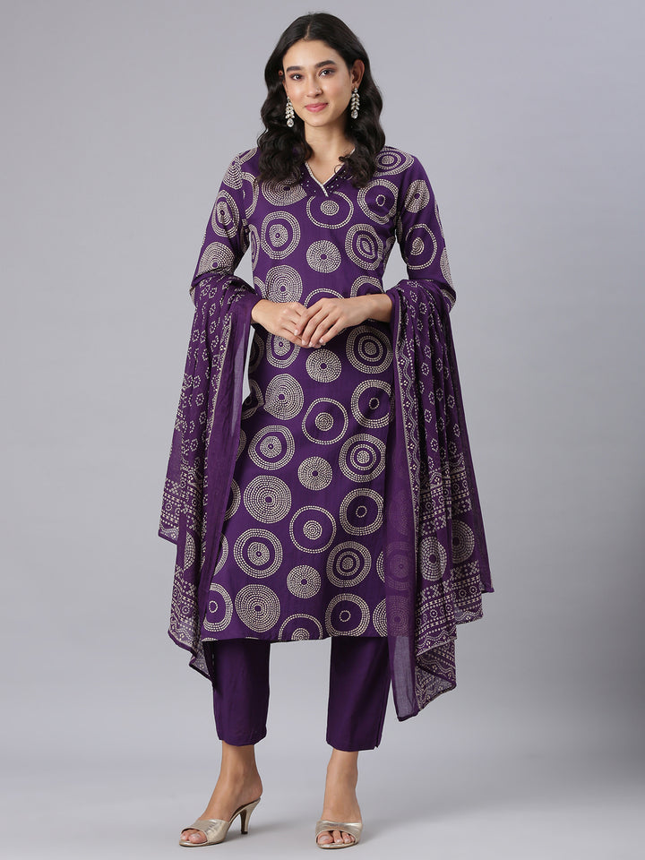 Neerus Purple Printed Straight Kurta And Trousers With Dupatta