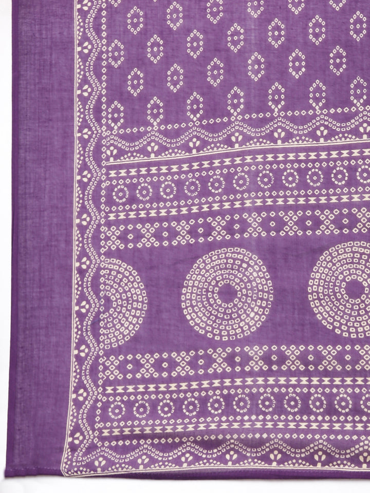 Neerus Purple Printed Straight Kurta And Trousers With Dupatta