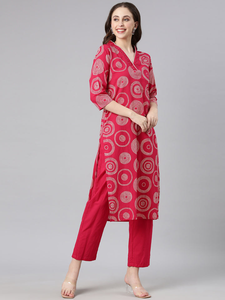 Neerus Rani pink Printed Straight Kurta and Trousers With Dupatta