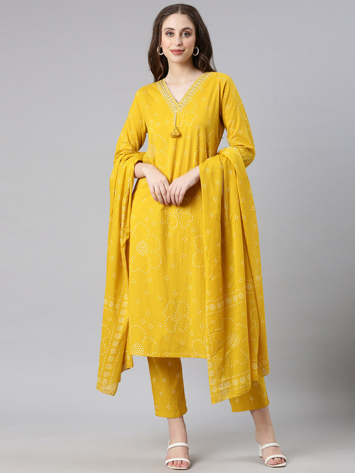 Neerus Mustard Printed Straight Kurta and Trousers With Dupatta