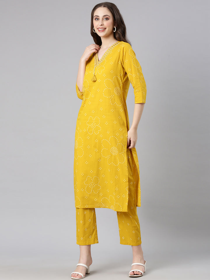 Neerus Mustard Printed Straight Kurta and Trousers With Dupatta