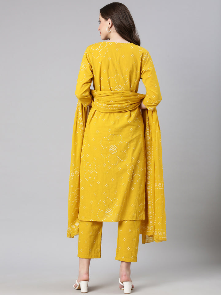 Neerus Mustard Printed Straight Kurta and Trousers With Dupatta