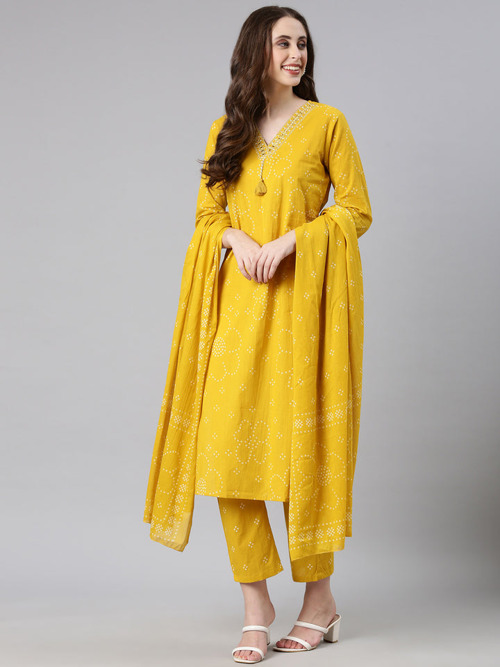 Neerus Mustard Printed Straight Kurta and Trousers With Dupatta