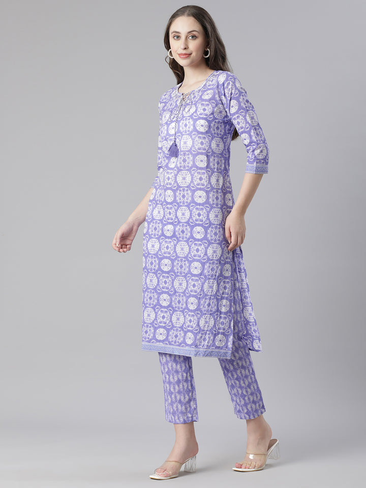 Neerus Lavender Printed Straight Kurta and Trousers With Dupatta