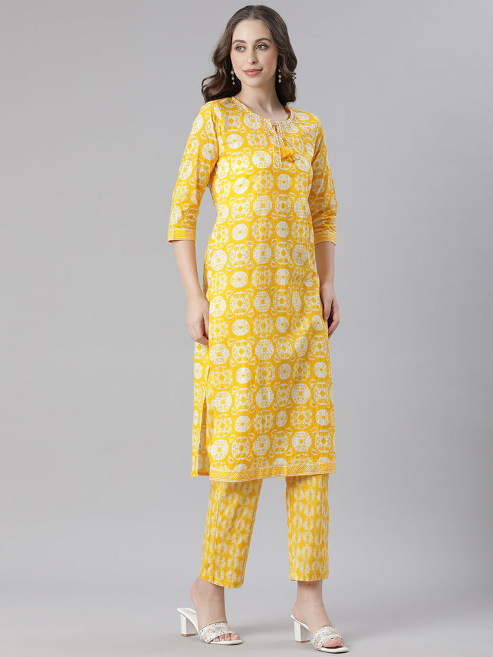 Neerus Mustard Printed Straight Kurta and Trousers With Dupatta