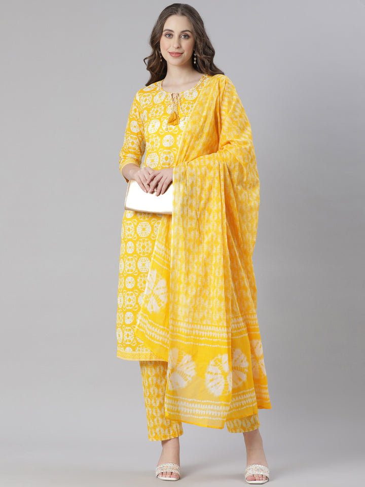 Neerus Mustard Printed Straight Kurta and Trousers With Dupatta