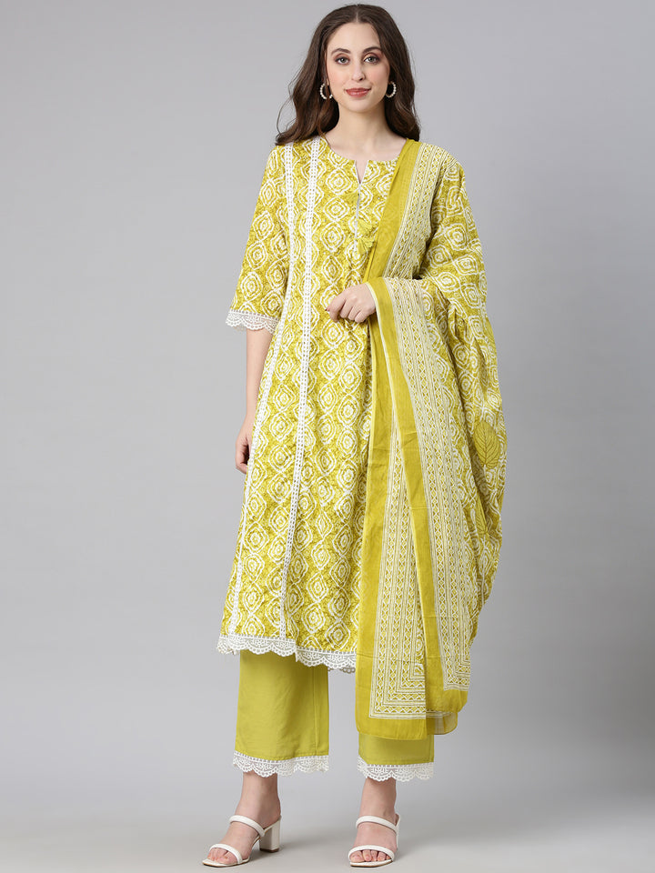 Neerus Lime green Printed Anarkali Kurta and Trousers With Dupatta