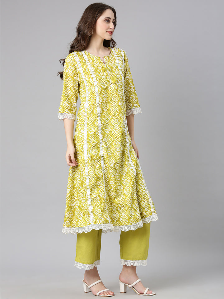 Neerus Lime green Printed Anarkali Kurta and Trousers With Dupatta