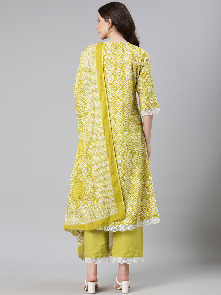 Neerus Lime green Printed Anarkali Kurta and Trousers With Dupatta