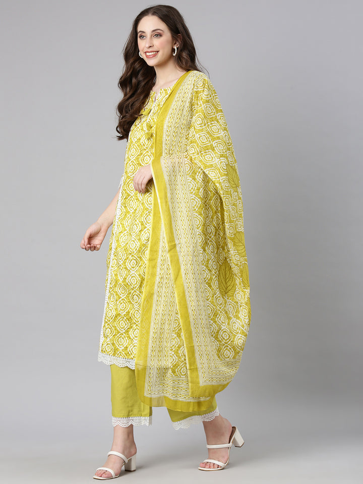 Neerus Lime green Printed Anarkali Kurta and Trousers With Dupatta