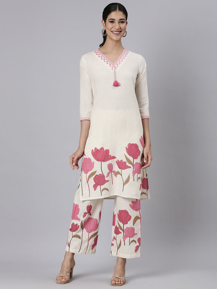 Neerus Pink Printed Straight Kurta and Trousers