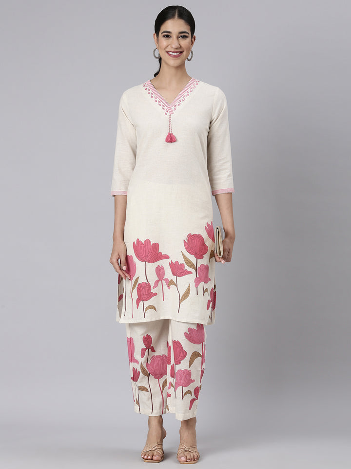 Neerus Pink Printed Straight Kurta and Trousers