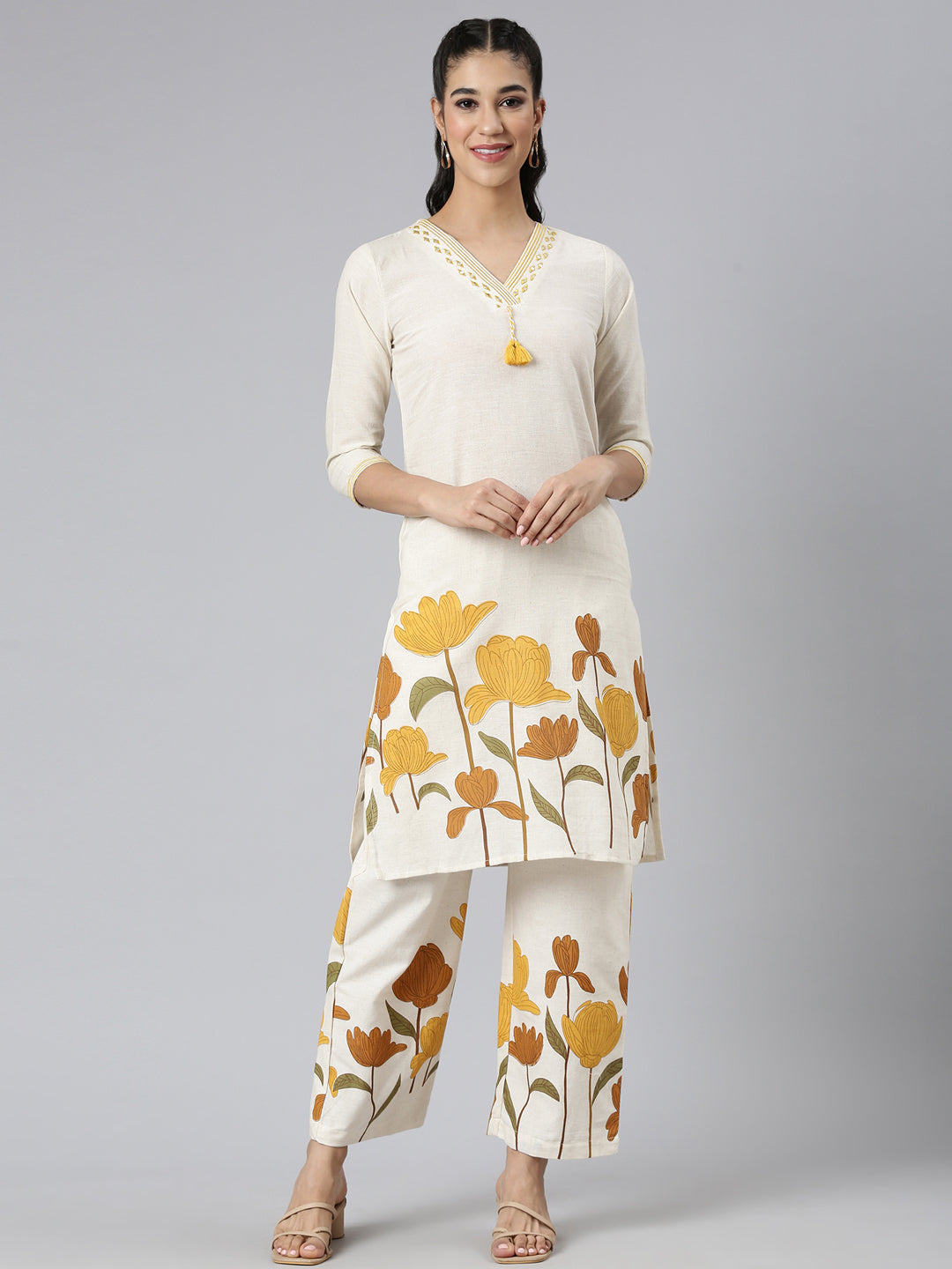Neerus Yellow Printed Straight Kurta and Trousers