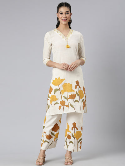 Neerus Yellow Printed Straight Kurta and Trousers