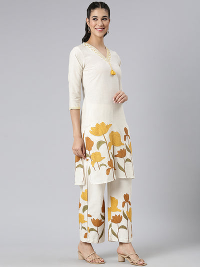 Neerus Yellow Printed Straight Kurta and Trousers