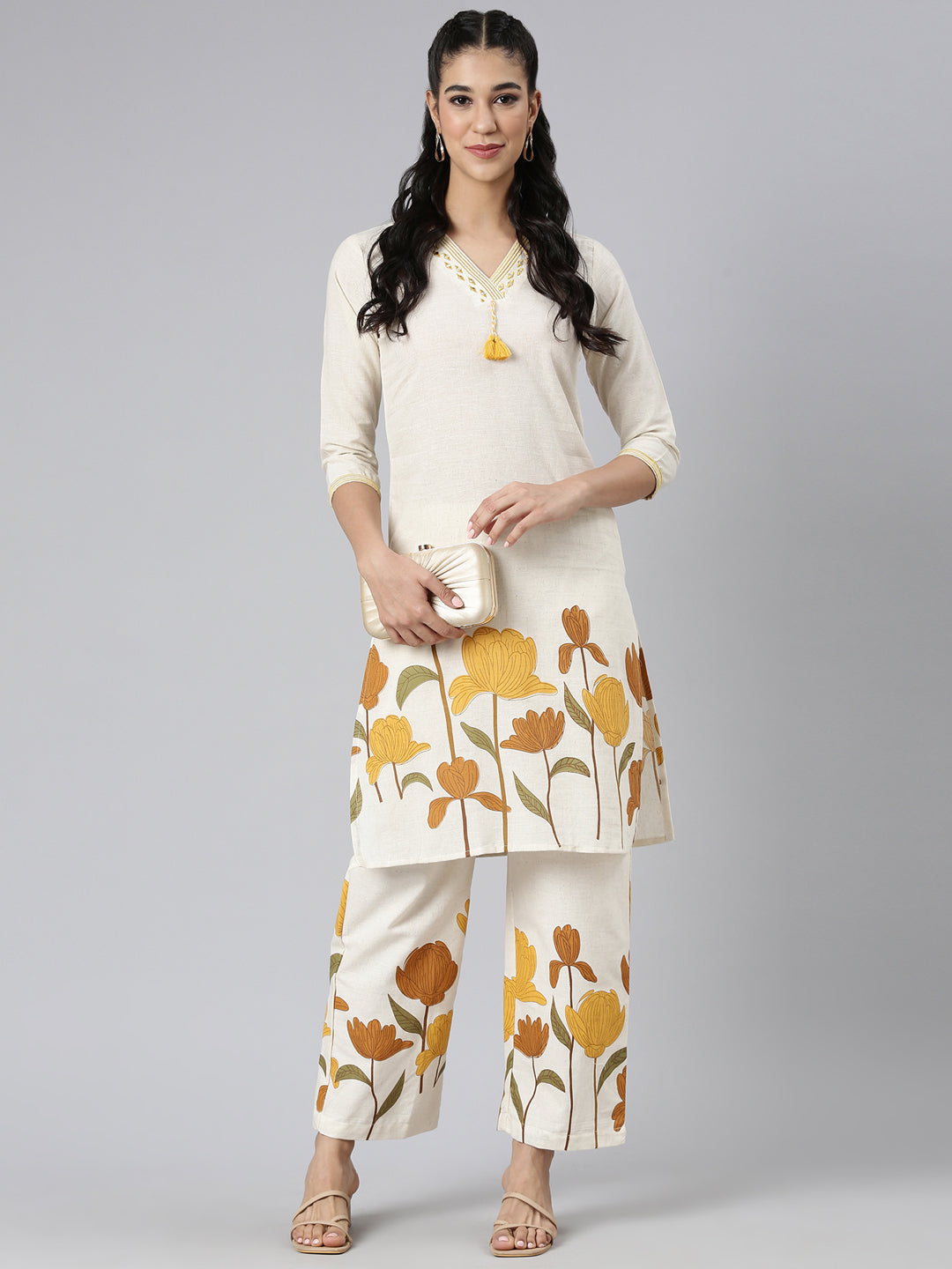 Neerus Yellow Printed Straight Kurta and Trousers