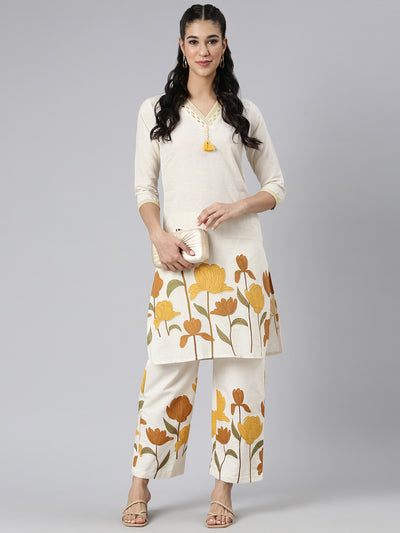 Neerus Yellow Printed Straight Kurta and Trousers