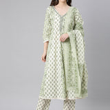 Neerus Green Printed Anarkali Kurta and Trousers With Dupatta