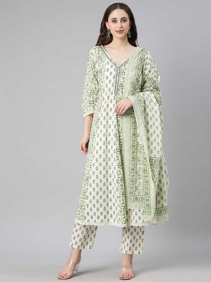 Neerus Green Printed Anarkali Kurta and Trousers With Dupatta