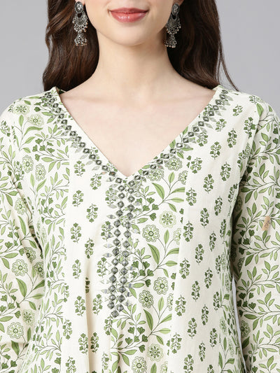 Neerus Green Printed Anarkali Kurta and Trousers With Dupatta